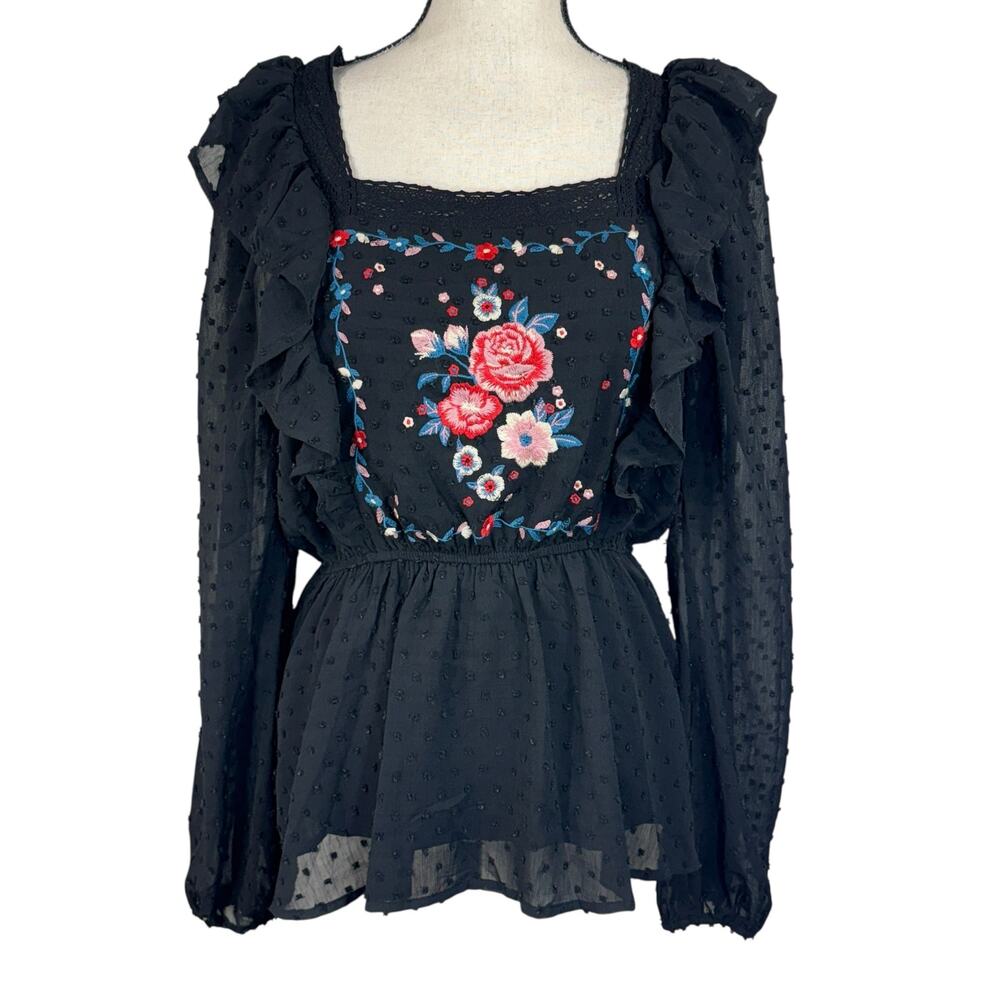 Savanna Jane Large Peplum Top Floral Embroidered Swiss Dot Lined Ruffled Crochet